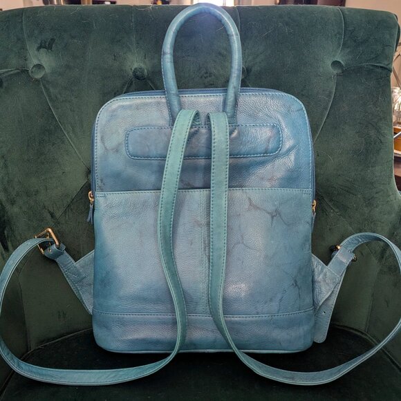 ili New York Jeans Blue Distressed Leather Backpack LNWOT - Picture 2 of 8